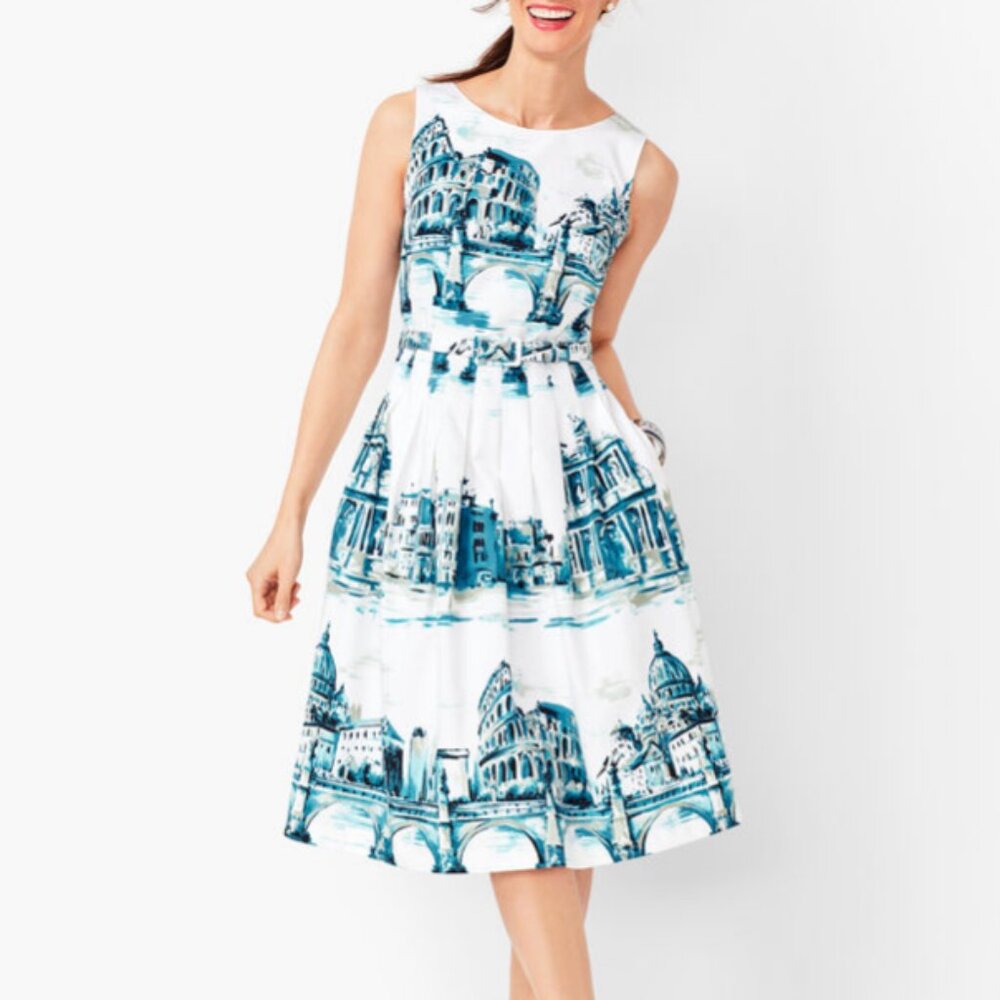 Talbots Scenic Rome Fit & Flare Belted Dress in Blue and White